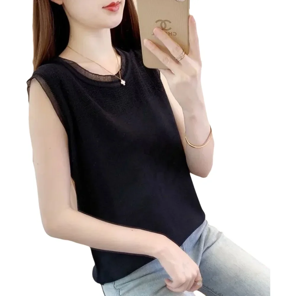 Women's Slimming Cooling Sleeveless Top Loose Fit Icy Silk Trimming Knit Camisole Versatile Summer Fashion Layering Vest