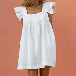 2021 Summer Vintage Mini Casual Dresses For Women Loose Dress Womens Cut And Sew Ruffle Hem Smock Dress Vestido New