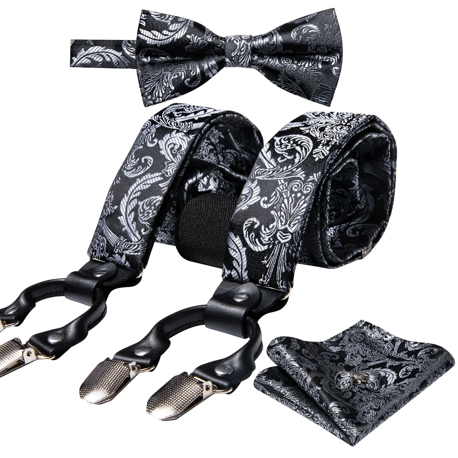 Suspender de seda ajustável masculino, gravata borboleta, conjunto de abotoaduras, florais Jacquard Paisley, aparelho em Y, Barry Wang, 50 cores