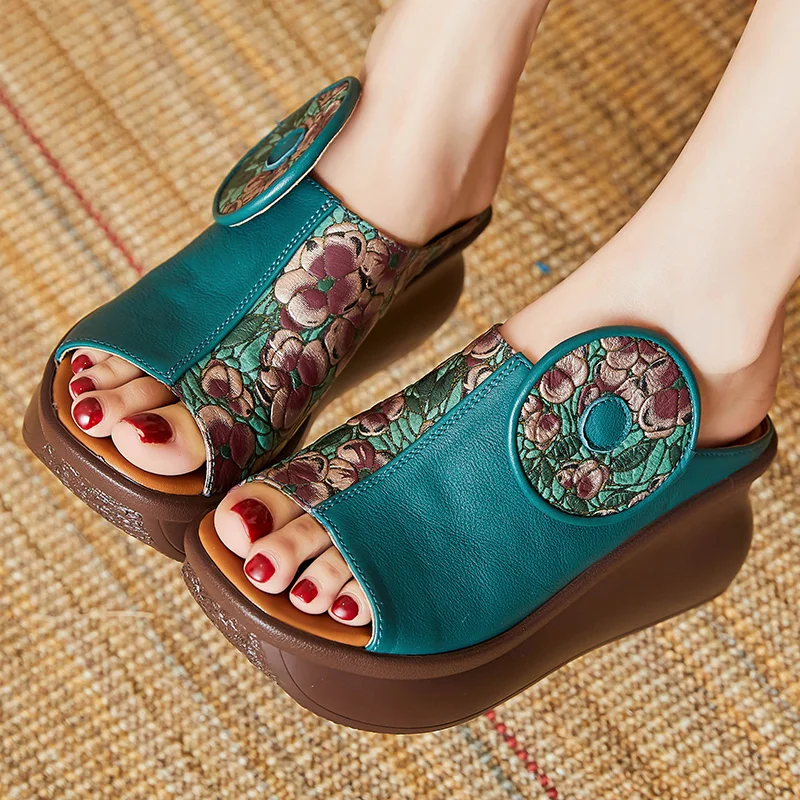 GKTINOO Fish-mouth Summer Genuine Leather Slippers Women Sandals 2024 New Platform Wedges Slippers Ethnic Sandals Women Shoes