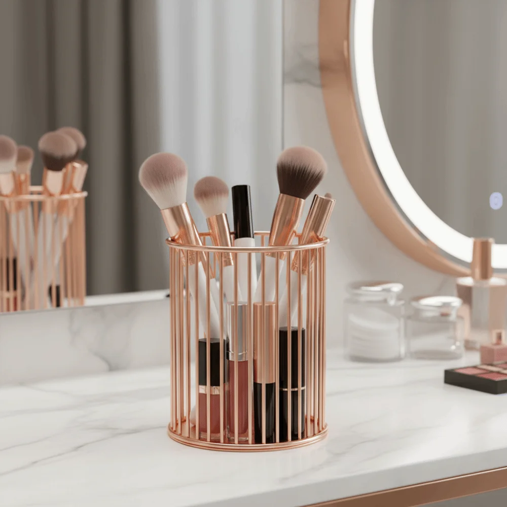 Metal Material Pen Holder Hollow Out Design Rose Gold Desktop Organizer Cylindrical Shape Sturdy Construction Makeup Storage