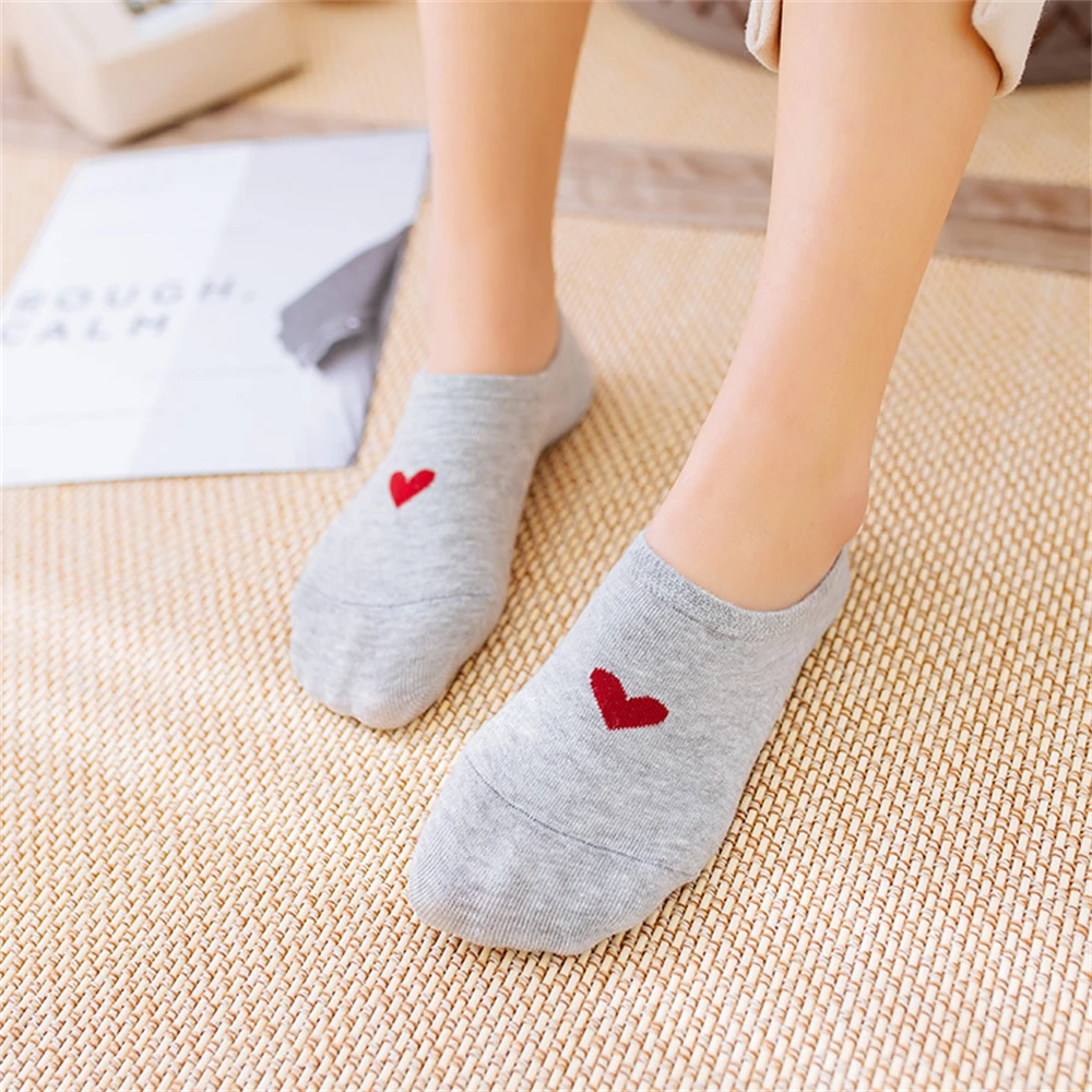 New Women\'s Summer Red Love Heart Breathable Soft Cotton Short Socks Unisex No-Slip Invisible Sokken Dropship