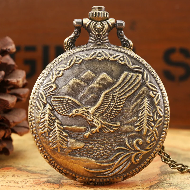 

Steampunk Engraved Eagle Pattern Men Women Quartz Analog Pocket Watch Full Hunter Timepiece with Necklace Chain Gift