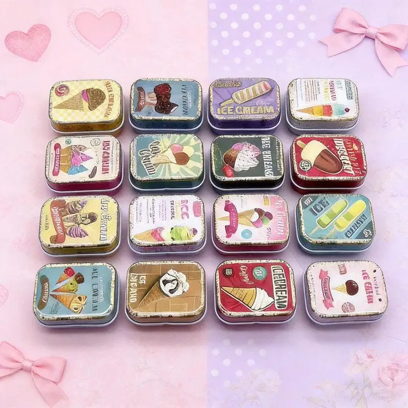 Vintage Metal Storage Tin with Ice Cream Pattern Airtight Sealed Lid Small Organizer for Jewelry Candy Tiny Beauty Accessories
