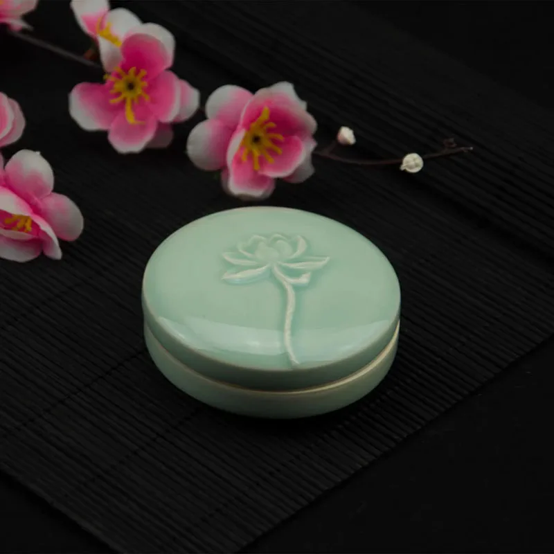 Antique Style Celadon Ceramic Ink Pad Box, Multi-functional Seal Stamp Container & Portable Storage Jar for Study, Office