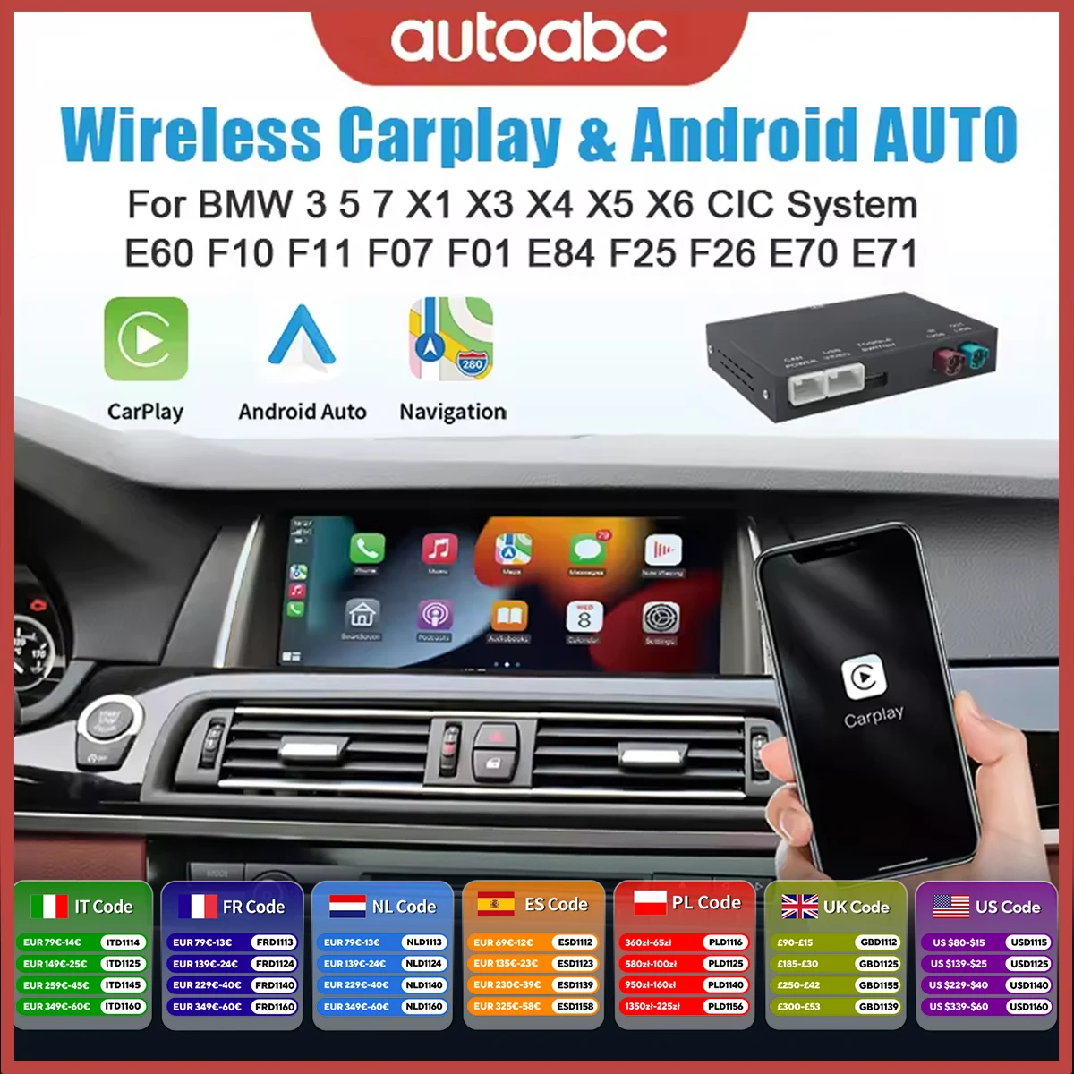 Wireless CarPlay Android AUTO for BMW 3 5 7 X1 X3 X4 X5 X6 CIC System E60 F10 F11 F07 F01 E84 F25 F26 E70 E71 Airplay Camera