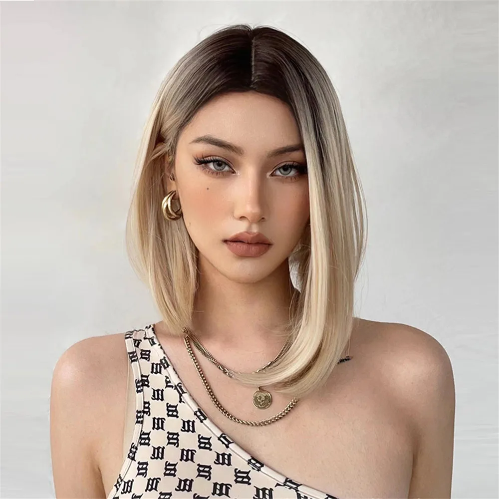 ALAN EATON Light Blonde Straight Bob Wig Shoulder Length Middle Part Blonde Wigs Ombre Daily Synthetic Heat Resistant Fake Hair