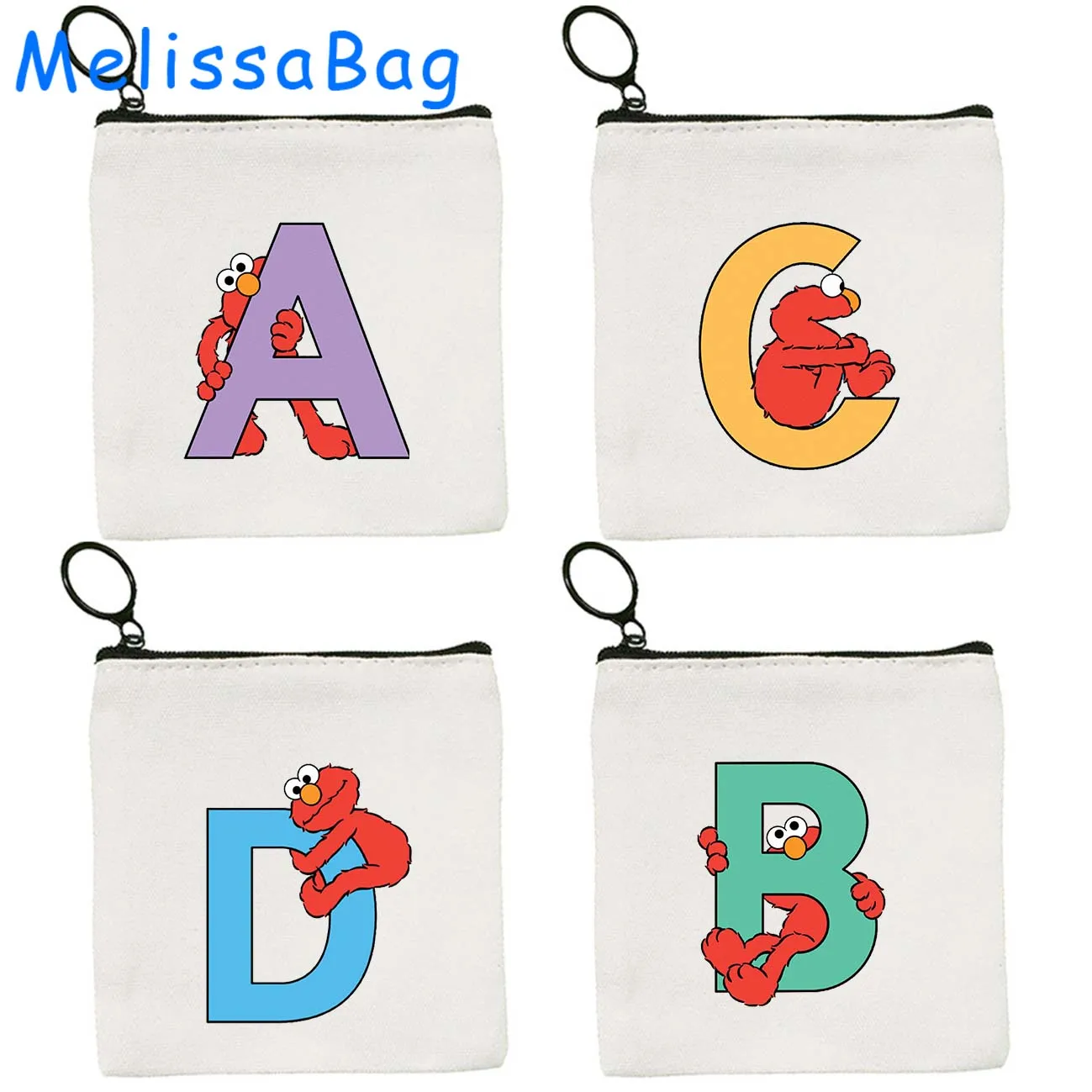 Cute Cartoon Monogram Initial Letters Elmo Alphabet Kawaii Gifts Coin Purse Canvas Bag Square Key Storage Card Bags Zipper Pouch