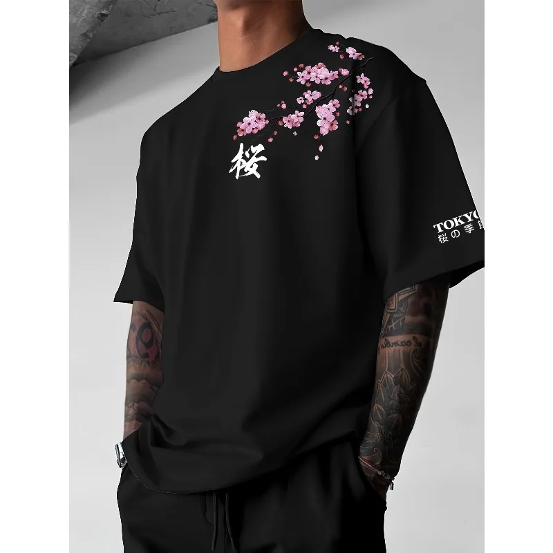 Cherry Blossom Branch with Kanji Graphic Print 100% Cotton Mens T Shirt for Summer Casual Wear Delicate Japanese Aesthetic