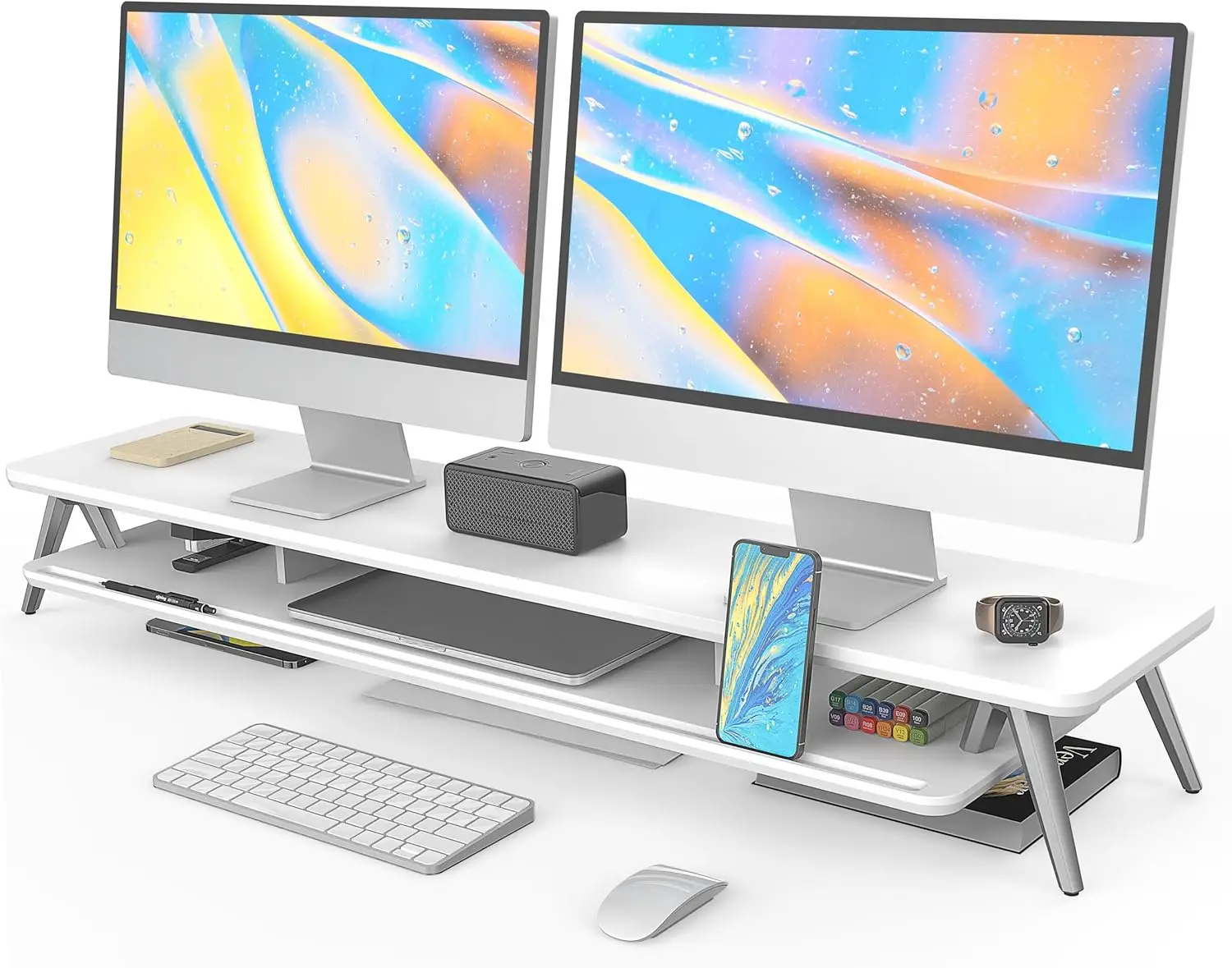 

Dual Monitor Stand Riser for 2 Screens, 42.5 Inch Wood Desk Shelf with Storage and Cable Management for Office Accessories