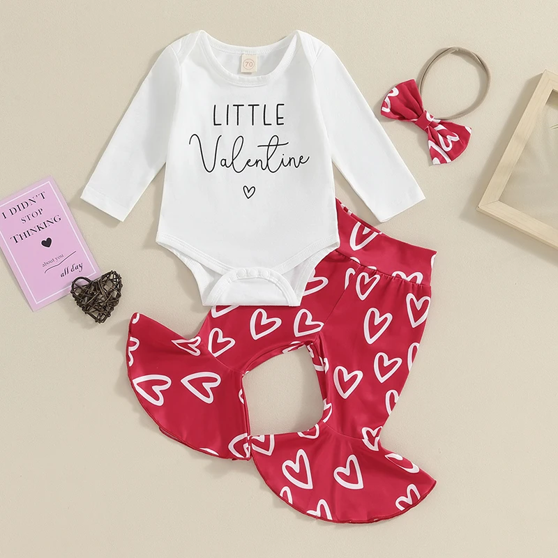 

Valentine s Day Baby Girl Bell Bottoms Outfits Long Sleeves Romper and Heart Print Flared Pants Headband Set