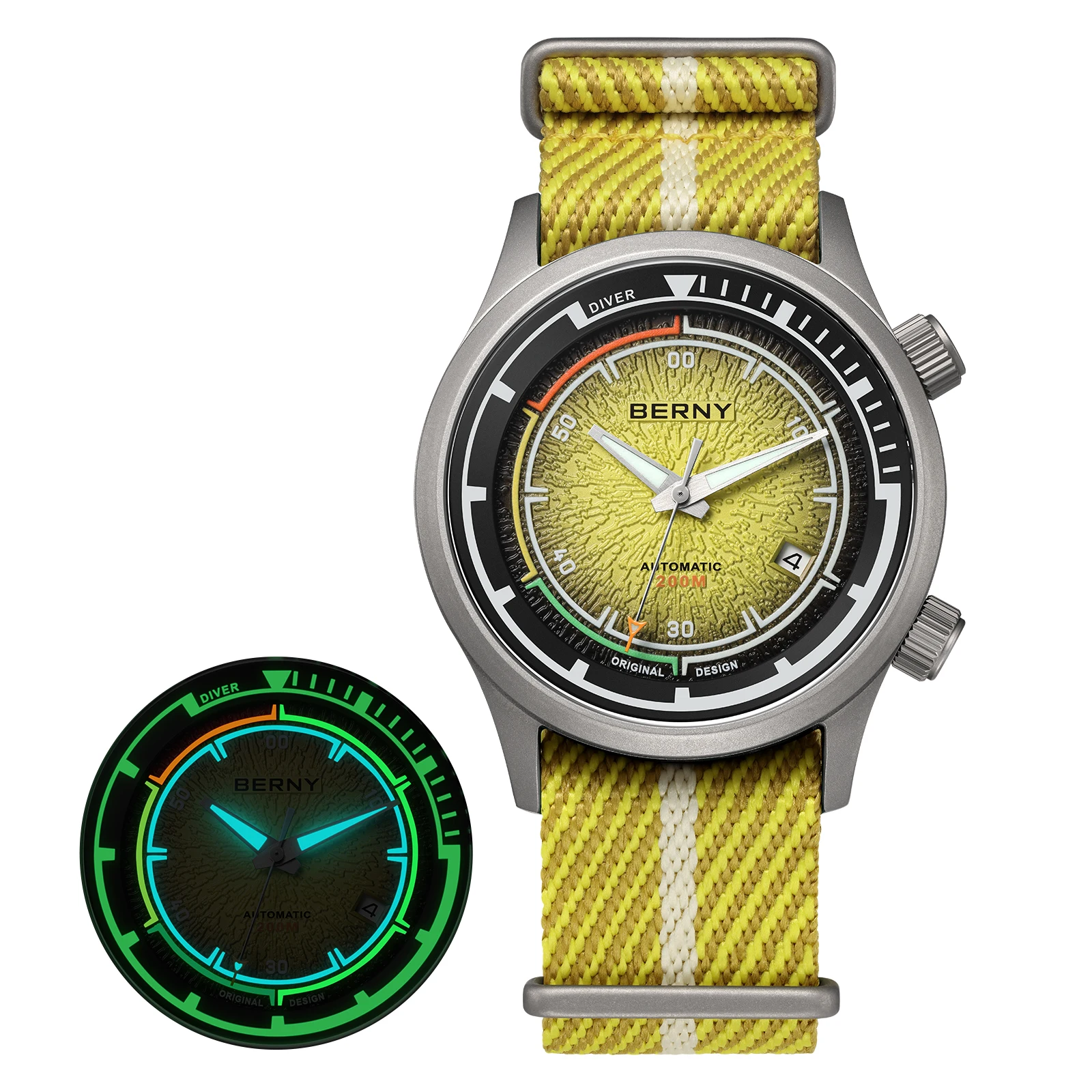 BERNY Herren-Taucheruhren, Titan, automatisch, mechanisch, superleuchtend, Herren-Taucheruhr, Saphirglas, 200 m wasserdicht, Sporttauchen