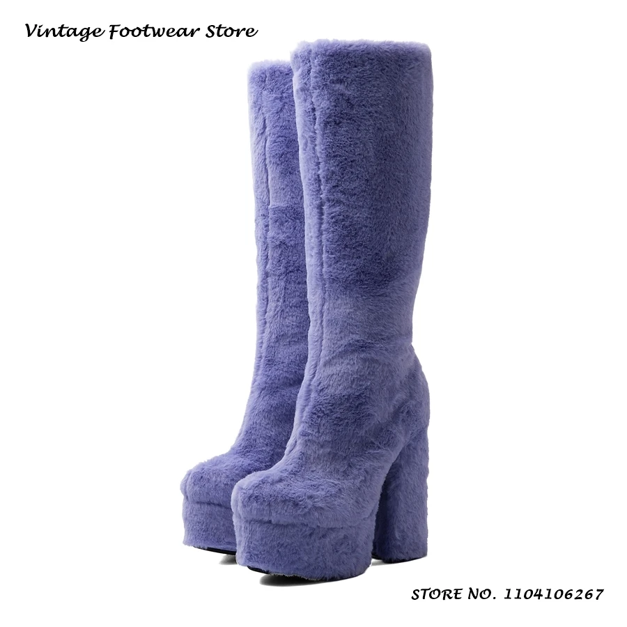 Fluffy Plush Platform Knee-high Boots Faux Fur Round Toe Block Heel Party Festival Shoes Women's Autumn Winter Zipper Boots