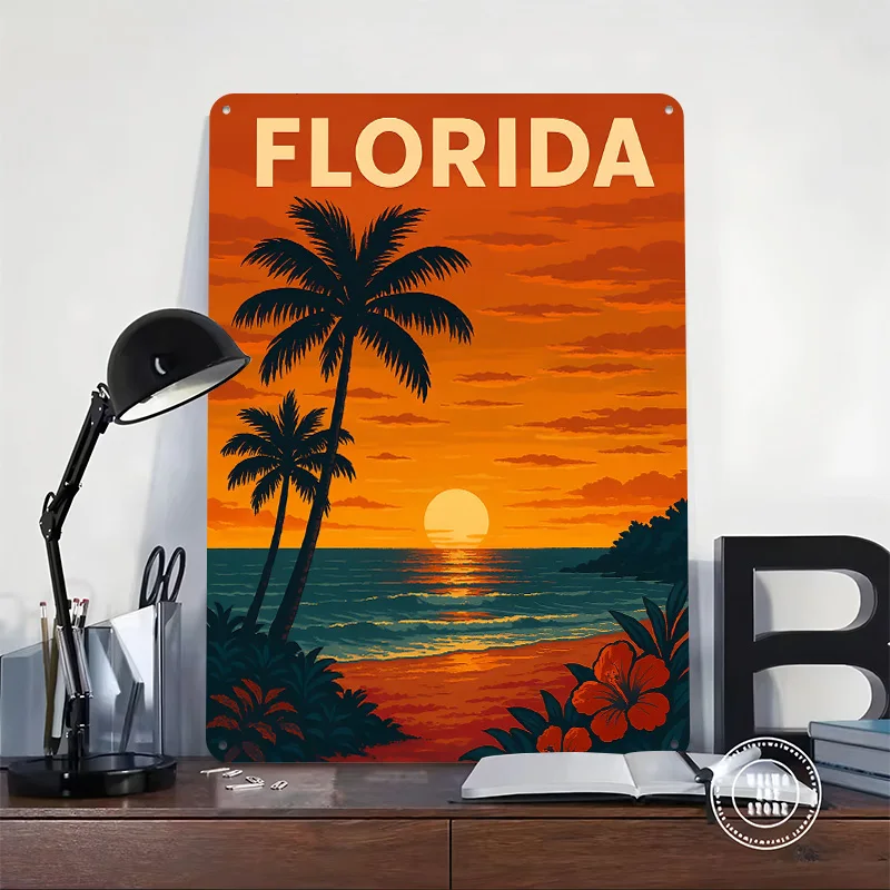 Florida Sunset Beach Travel Metal Poster Customized Wall Art Retro Vintage Tinplate Signs for Home Decor Living Room House Items