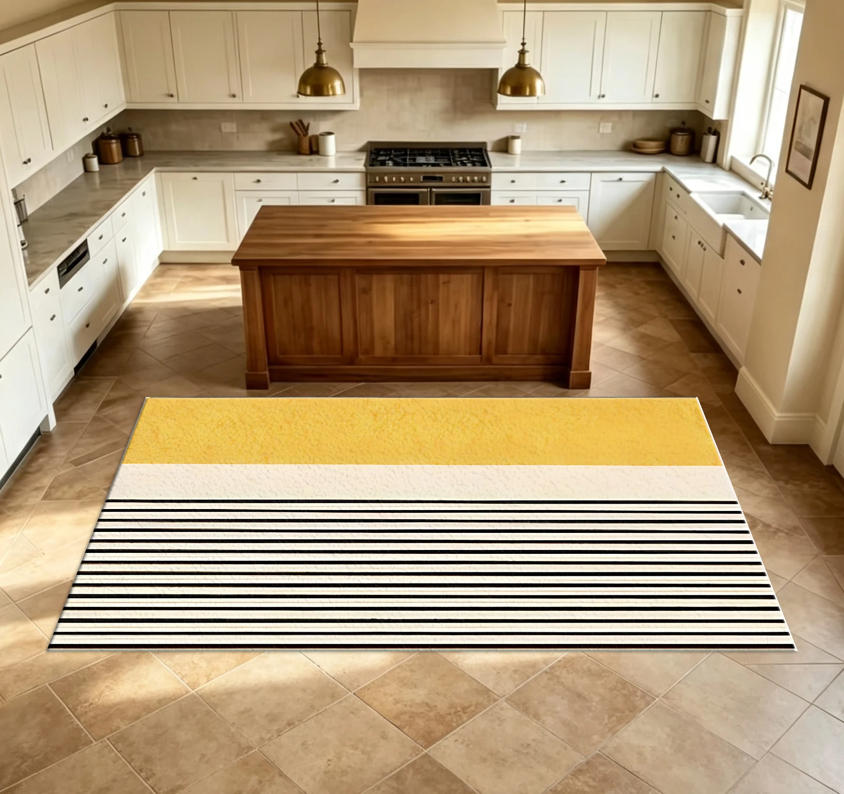 Modern Yellow Beige Black Striped Abstract Pattern Carpet, Simple Color-Blocking Non-Slip Floor Rug, Suitable for Living Room Bedroom Home Decoration