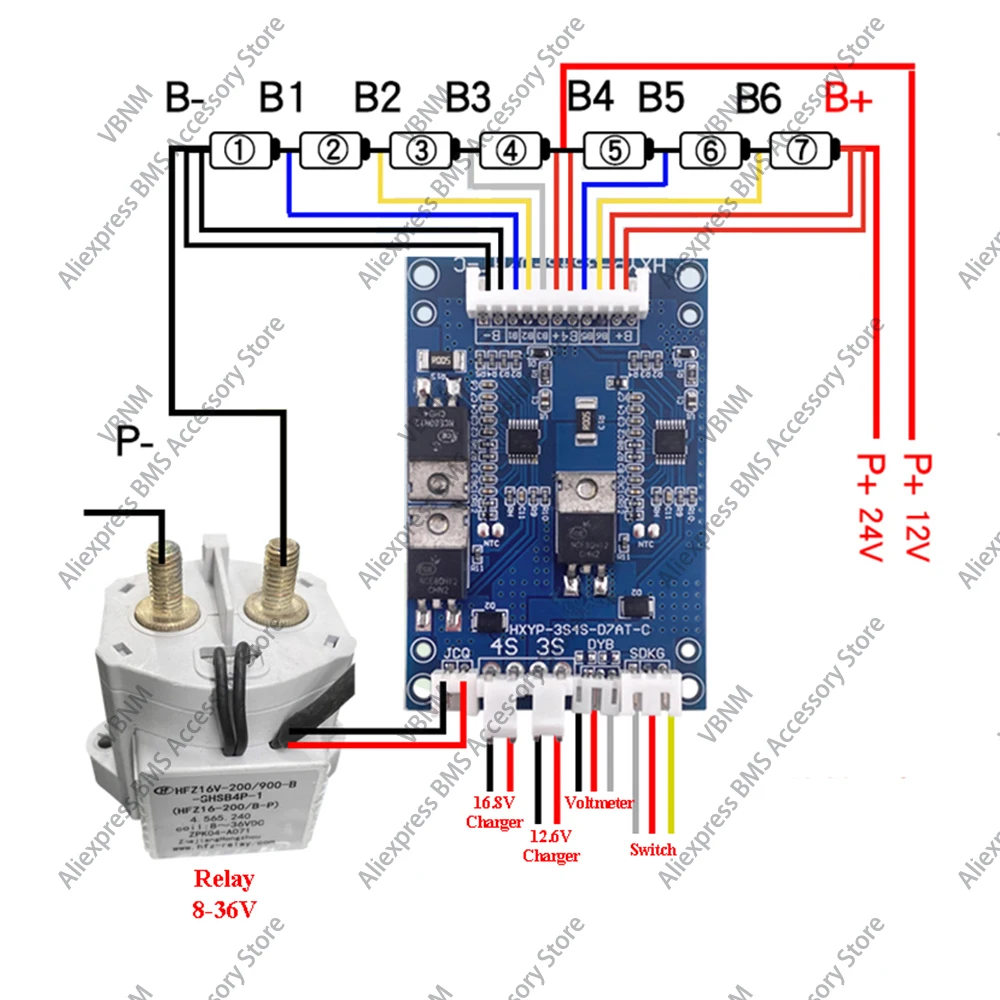 BMS 7S 24V 7A, литиевая батарея для электровелосипеда, общий порт, с переключателем монитора, защита от перезаряда и переразряда NTC от перегрева