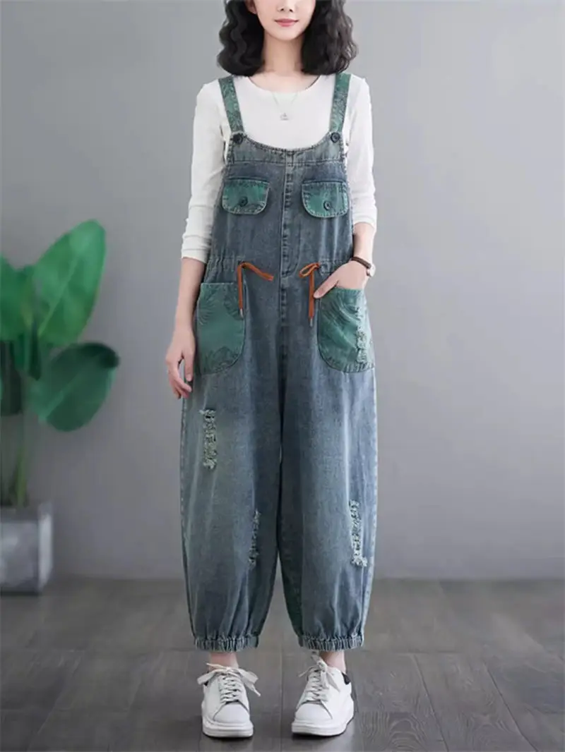 Color Blocking Patch Design Strap Denim Pants Artistic Retro Printed Jeans Temperament Casual Jumpsuit Women 2024 Spring K385