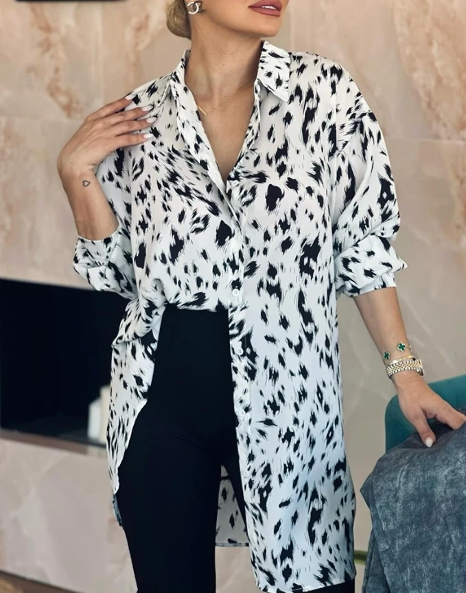 Fashion Woman Blouse 2024 Spring Leopard All Over Print Button Front Turn-Down Collar Long Sleeve Casual Longline Shirt Top