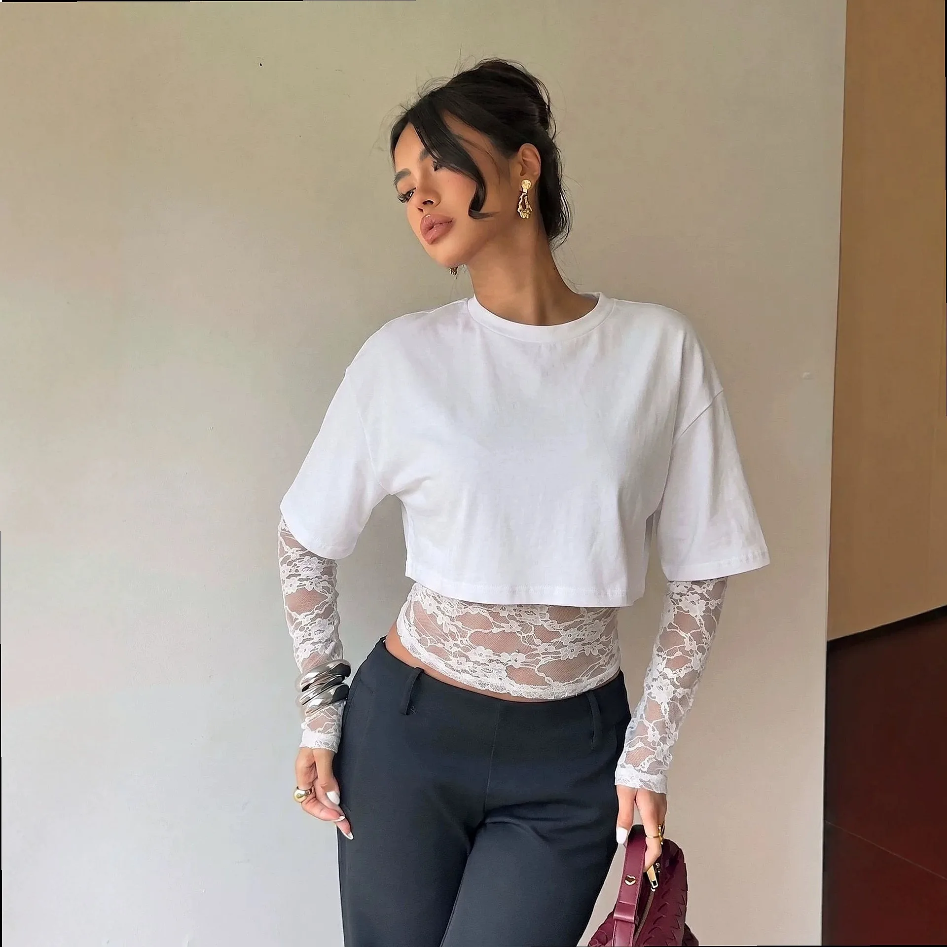 Cross-border Europe, America and 2026 autumn new lace splicing waist slim fit solid color long-sleeved lace top T-shirt