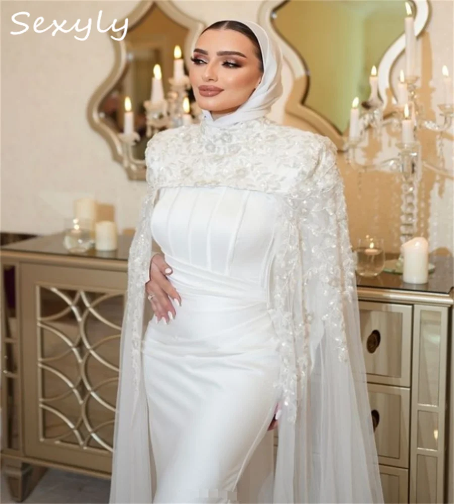 Gorgeous Cape Muslim Wedding Dress 2025 Stunning Mermaid Church Bridal Gowns High Neck Islamic Grecian Elvish Bride Customized