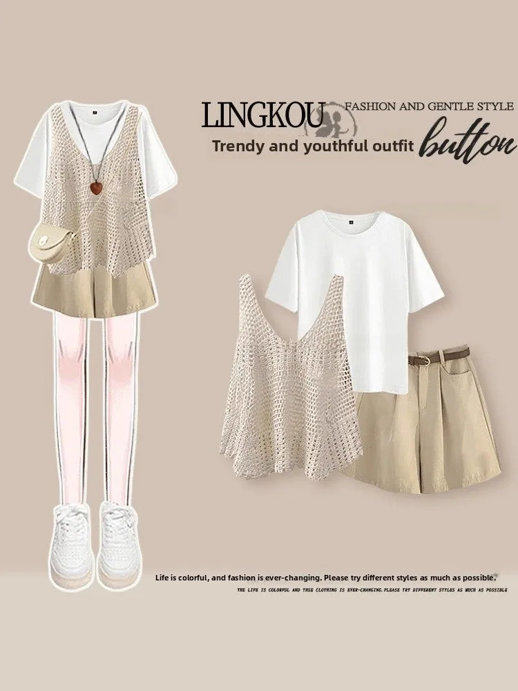 

Summer Casual Three-Piece Set Women's Hollow out Vest over T-Shirt Slimming Short Pants High Waist round Neck Sleeveless Outfit