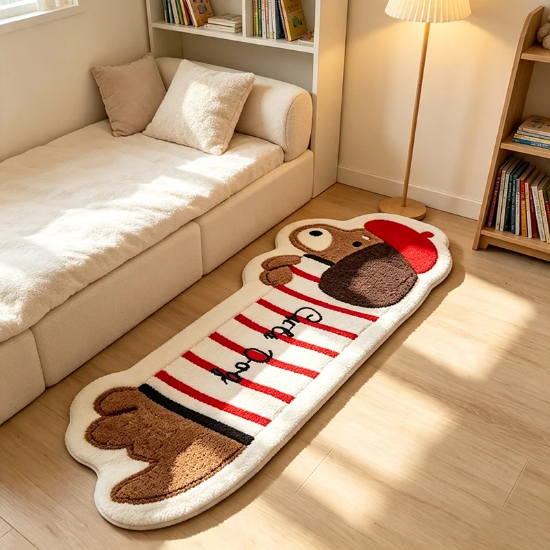 VIKAMA Striped Dachshund Shaped Plush Rug Non Slip Washable Cute Animal Bedside Runner Bedroom Decor Floor Mat