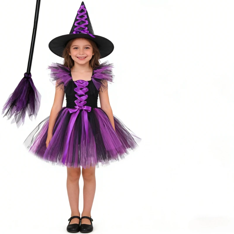 

Black Purple Witch Halloween Costumes Girls Carnival Disguise Clothing with Hat Broom for Kids Hot Pink Black Witches Tutu Dress