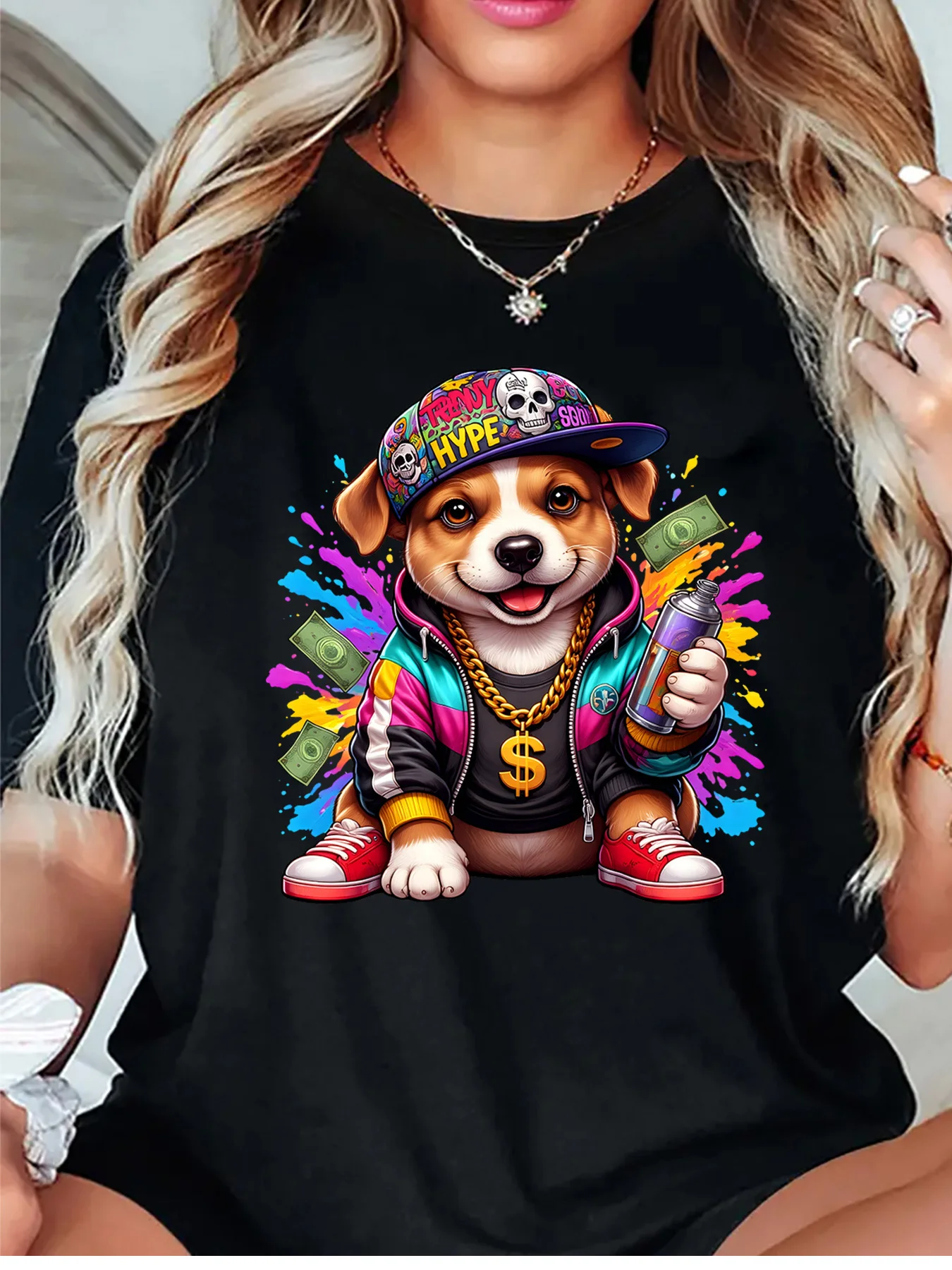Cute Hip Hop Dog Cap Gold Chain Spray Paint Money Splash Graphic Womens T Shirt Short Sleeve Crew Neck Casual Ladies Tee Tops