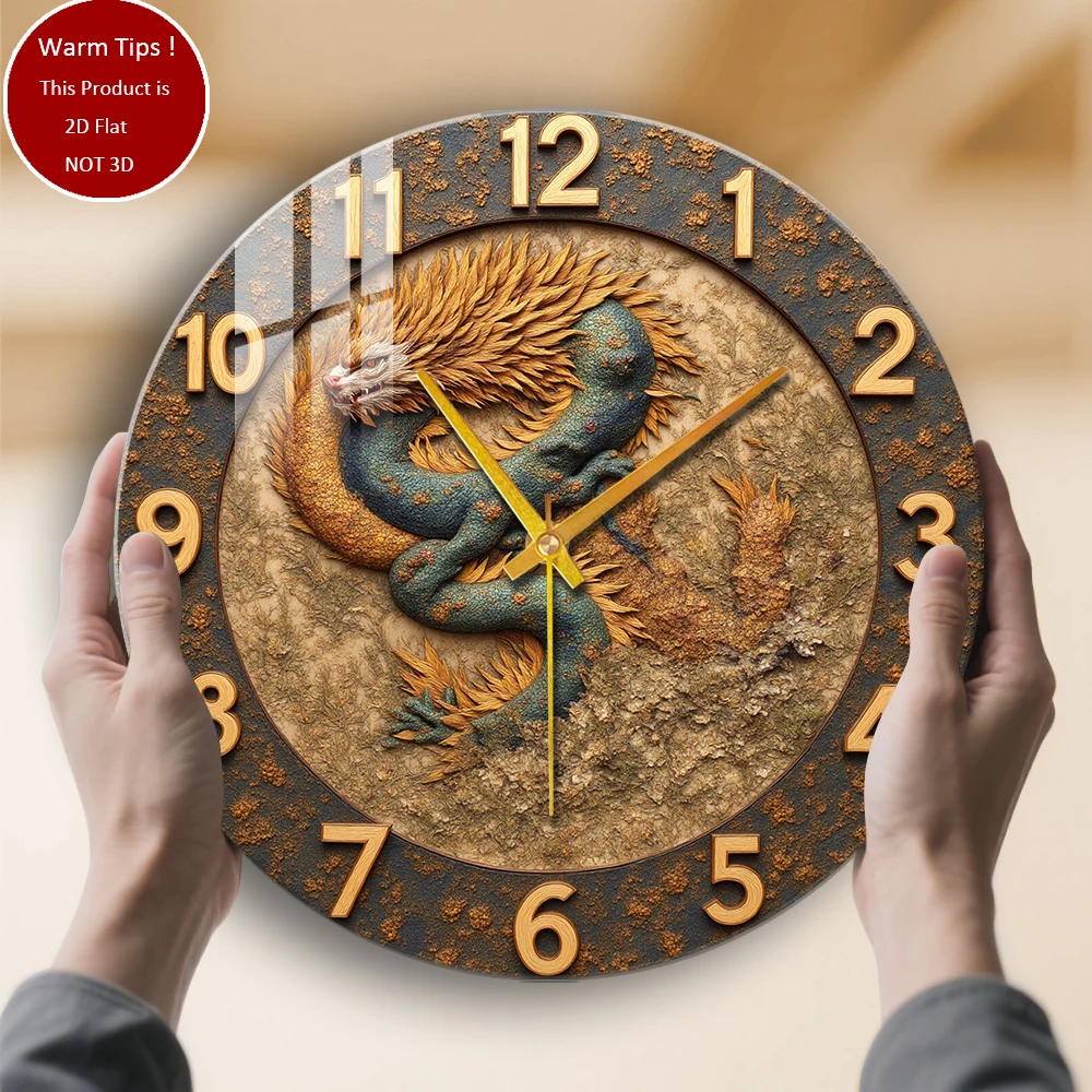 Tempered Glass Wall Clock Chinese Dragon Carving Design Suitable For Wall Decor or Tabletop Display Anywhere