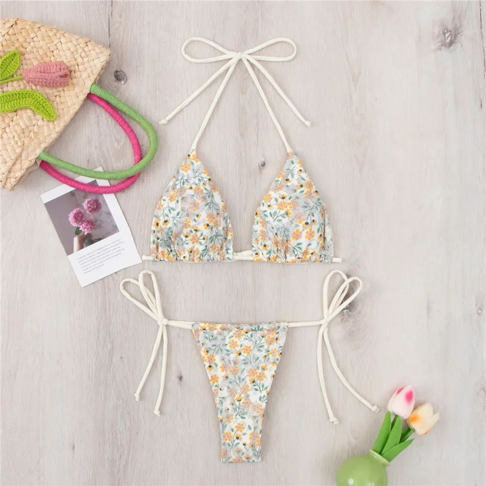 Sexy Glitter Floral Print Micro Bikini Thong Women 2024 Mini Thong Swimsuits String Halter Swimwear Triangle Bikinis Set Bather