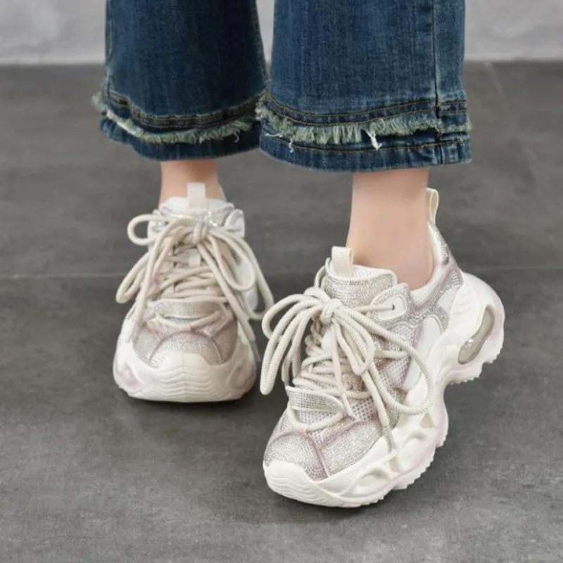 2026 Fashion Women Chunky Platform Casual Sneakers Shining Rhinestone Thick Sole 6cm Height Increasing Lace-Up Dad Shoes