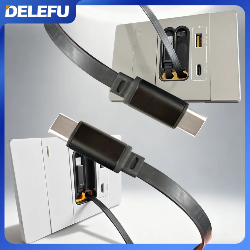 DELEFU Dual Charging Cable Brazil Italy Chile Switch Wall USB TypeC 20W Fast Ports Mobile Phone Gray Black White
