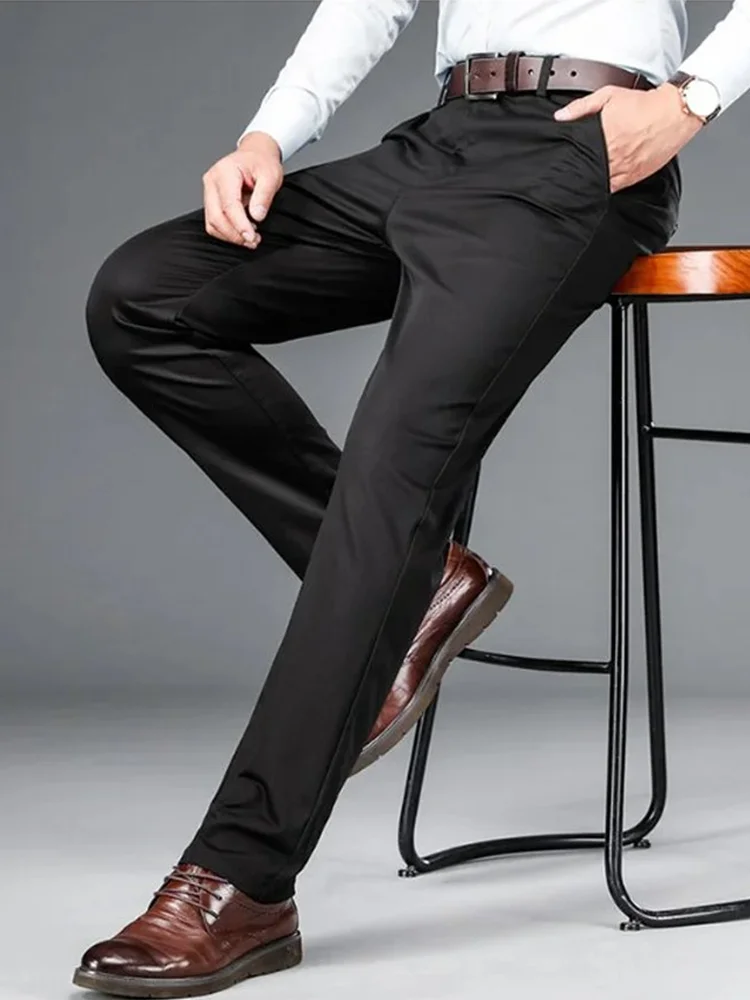 Summer High Elastic Ice Silk Trousers for Men Business Dress Pants Casual Slim Office Social Suit Pants Streetwear