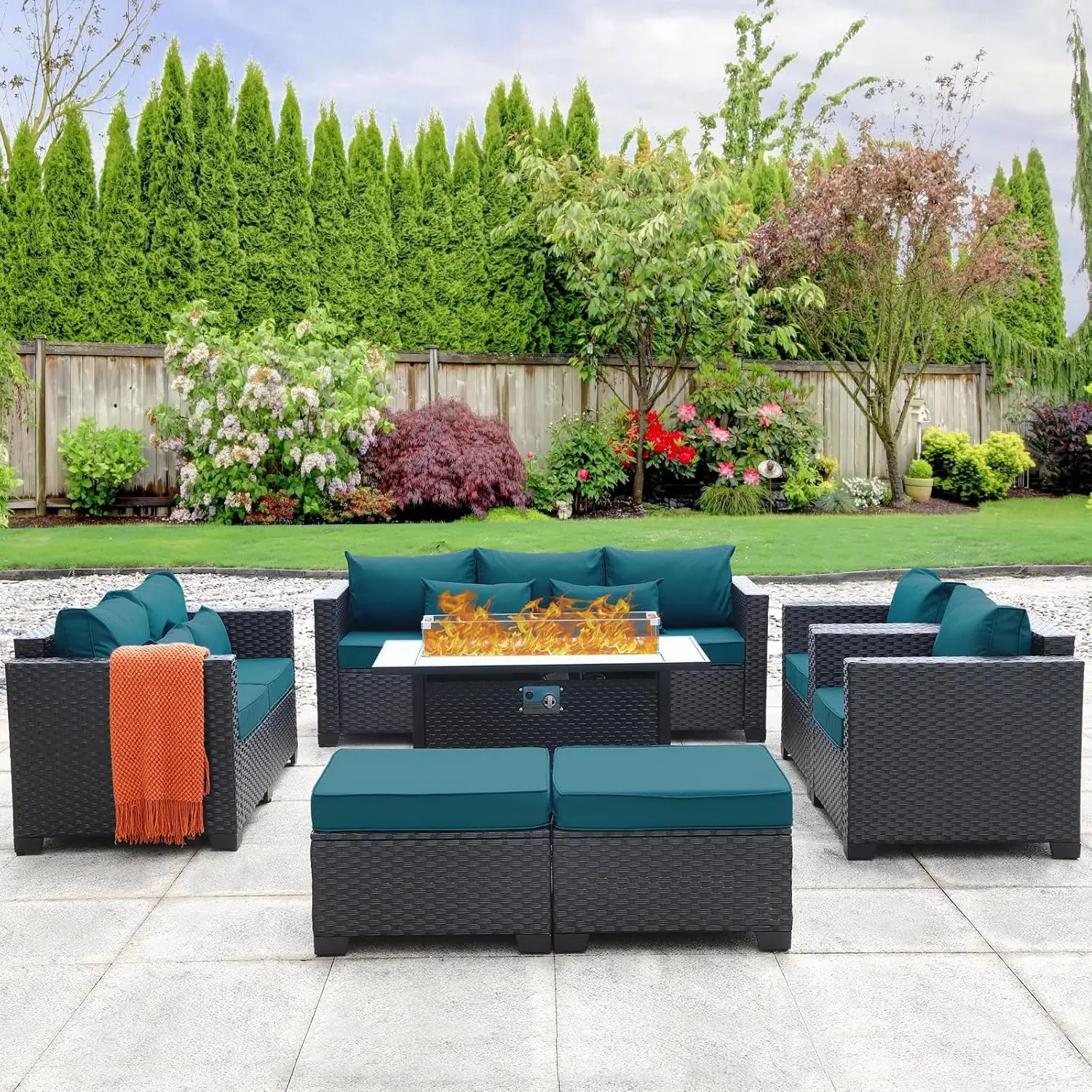 Outdoor Propane Fire Pit Table Patio Furniture Set No-Slip Cushions and Waterproof Covers, Light Grey