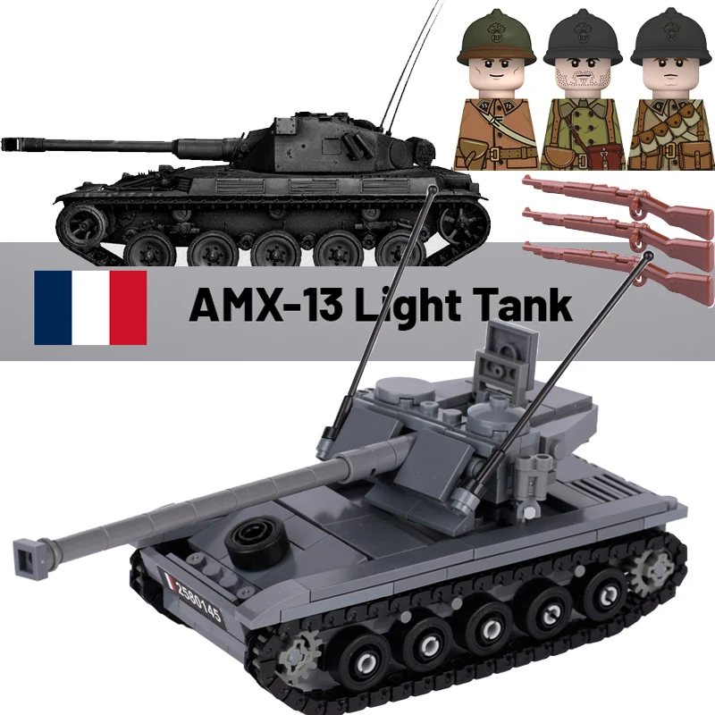 

Military France Soldiers Vehicle AMX 13 Light tank Building Blocks Figures Accessories Weapon 98k WW2 Car Models Brick Toys