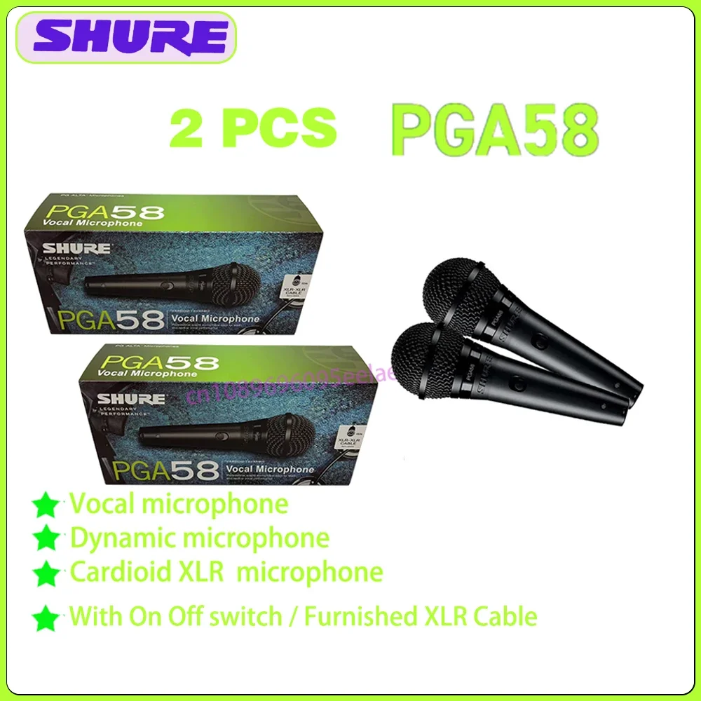 2 PCS Wholesale Shure PGA58 Vocal Microphone Cardioid Dynamic Hand-held Mic Stage Performance Guitar Studio Singing Home KTV Mic