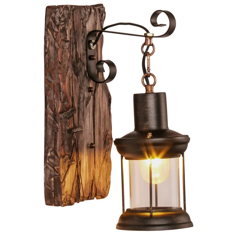 Outdoor Wall Lamp Antique Loft Wood Glass Restaurant Cafe Bar Sconces Vintage Industrial Retro Wall Sconce for Bedroom