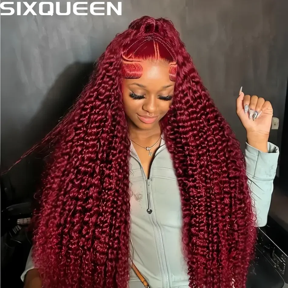 210% Density 99J Burgundy Deep Wave Lace Front Wig Human Hair 13X6 HD Transparent Lace Frontal Wigs Pre Plucked Pre Plucked Invisible Pre Cut Lace Brazilian Virgin Hair