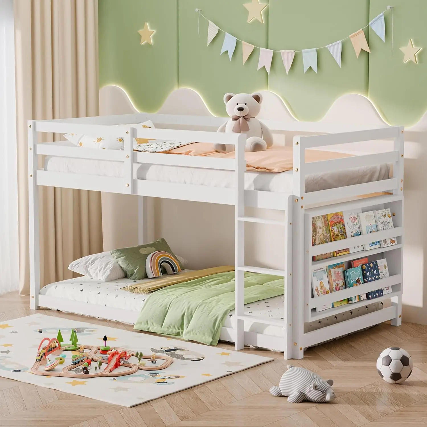 

Low Bunk Bed for Kids, Floor Bunk Bed Twin Over Twin with Bookshelves & Full Guardrails, Wooden Twin Bunk Bed Frame, Customized