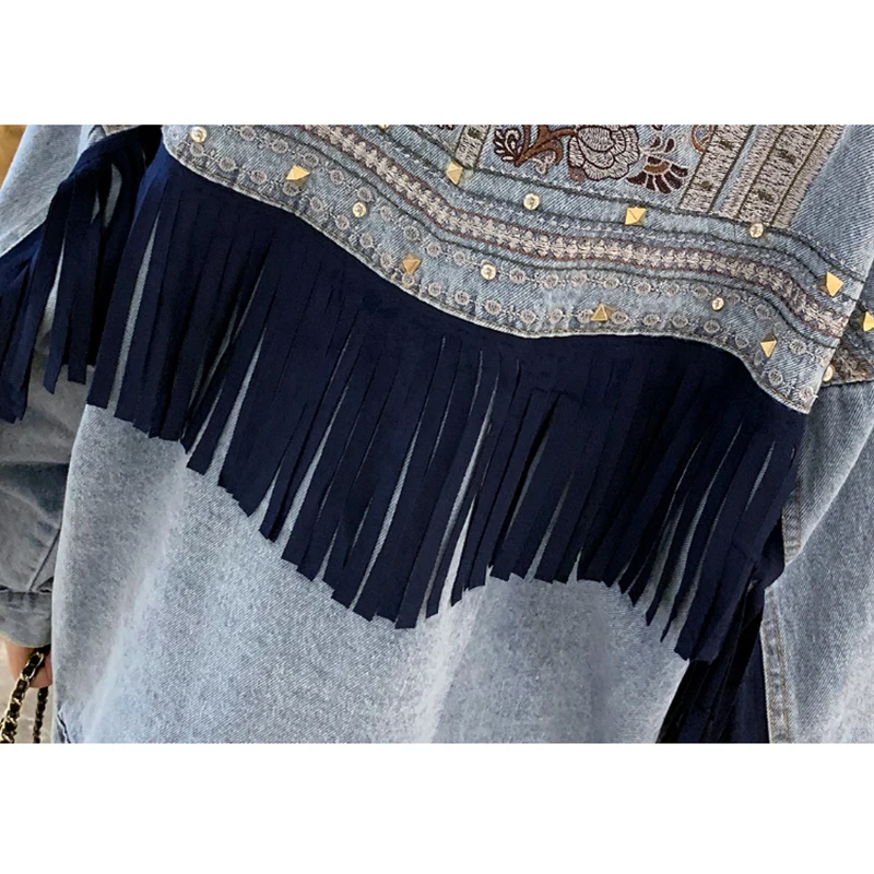 Autumn Winter Jackets Coat Outwear Female Heavy Industry Fringe Denim Jacket Women Embroidery Rivet Long Sleeve Casual Jacket