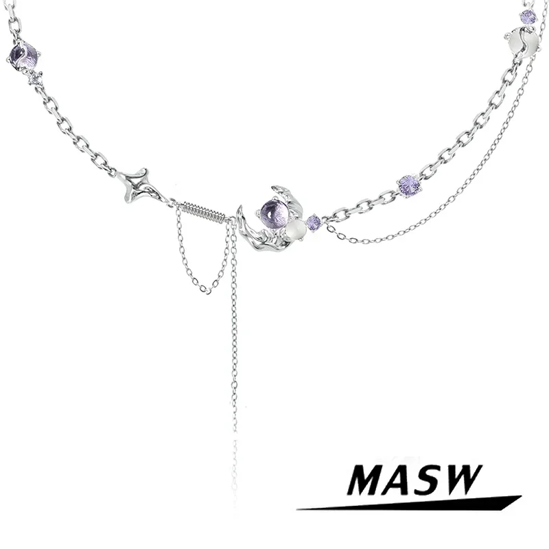 

MASW Original Design Elegant Jewelry Senior Sense Purple Glass Thick Silver Plated Moon Pendant Necklace For Women 2024