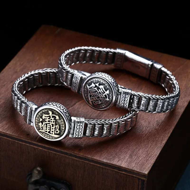 S925 sterling silver bracelet thick men's rotatable vajra thai silver retro distressed trendy jewelry