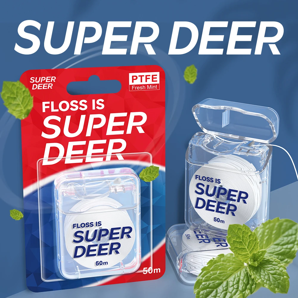 Super Deer Flat Dental Floss Mint PTFE Floss Gentle on Gums Expands & Stretches Plaque Remover for Teeth 55 Yd