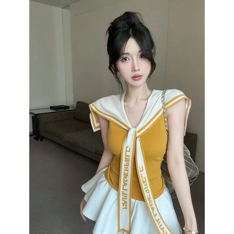 

Women Summer Sweet Preppy Style Solid Color Sailor Collar Short Sleeve Knitwear Ladies Fashion Lacing All-match Casual Tops