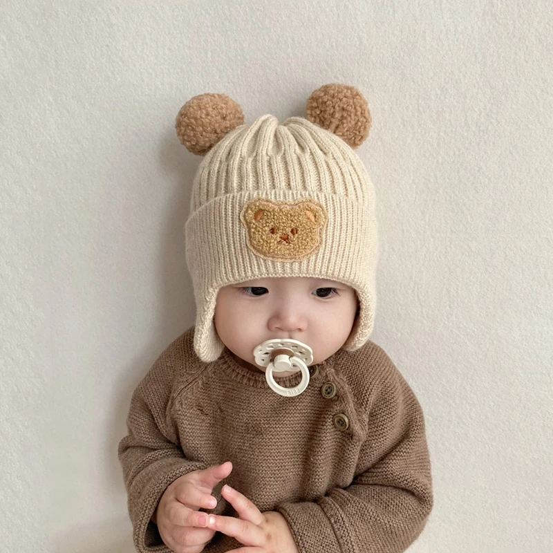 Infant Cute Bear Beanie Baby Wool Hat Cute Ear Protection HatS Toddler Winter Thickened Warm Knitted Baby Boy and Girl's HatS