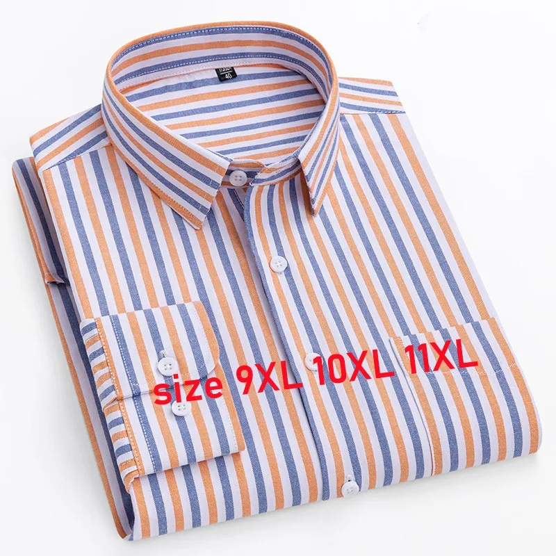 Men\'s Shirt Long Sleeve 100% Pure Cotton Oxford Dress Shirts Striped Regular Fit Casual Soft Male Blouse Clothing 11XL 10XL 9XL