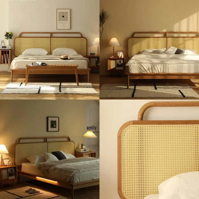 For 1.5m 1.8m Nordic Style Solid Wood Rattan Bed Japanese Modern Light Luxury Double Bed Household   Furniture