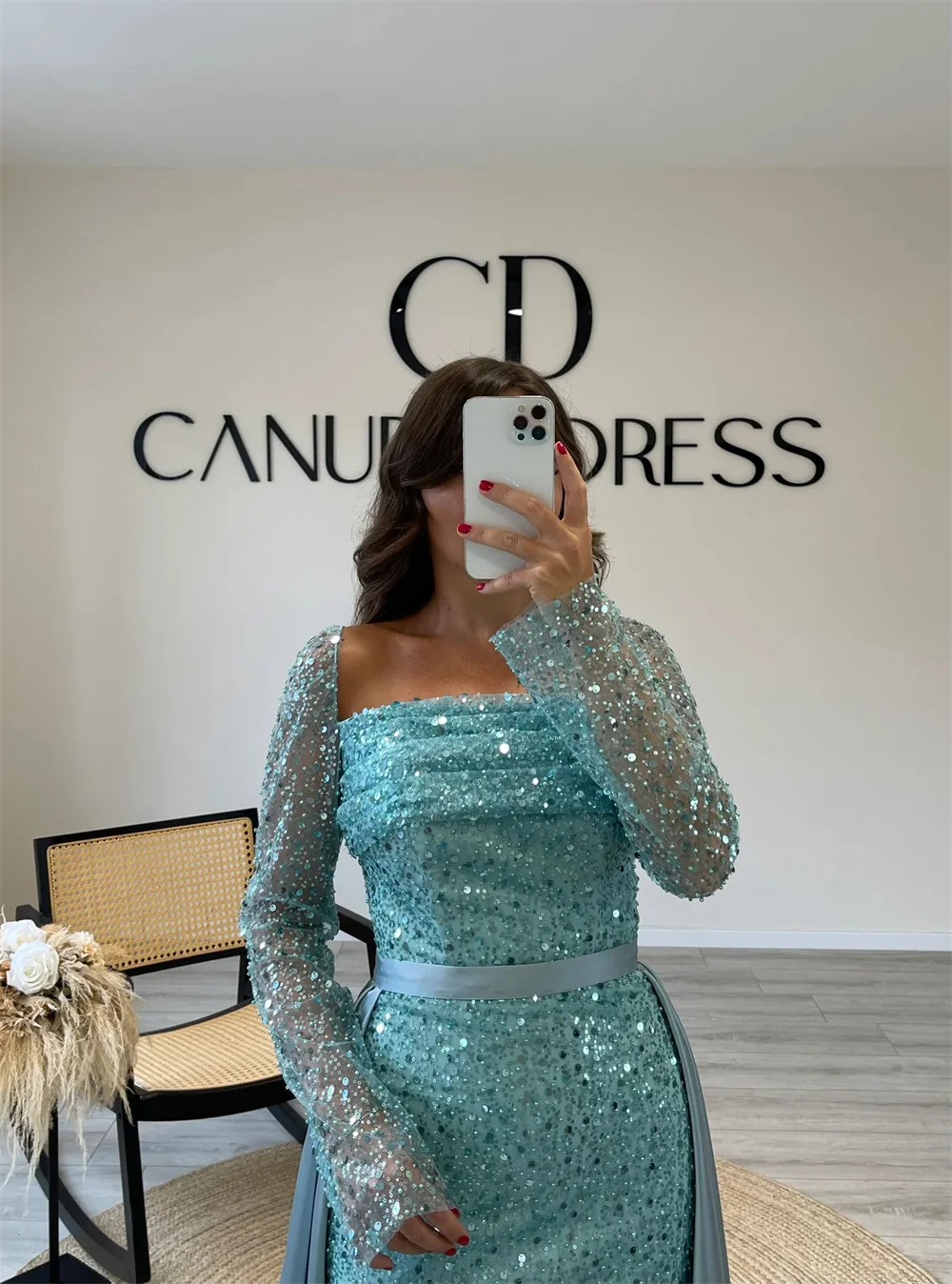 Sansa Exquisite A-line Detachable Tail Sequin Evening Dress Floor-Length Mother Of Bride Dress long Sleeve vestidos de fiesta