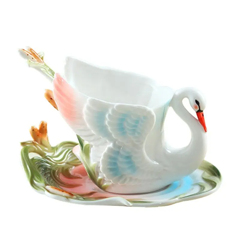 Underglaze enamel color high-grade ceramic swan coffee cup and saucer set creative bone china cup wedding gift