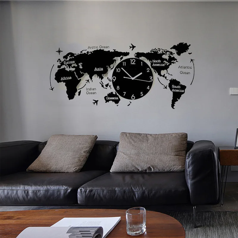 Large 3d Luxury Wall Clock Modern World Map Clocks Wall Home Decor Creative Luminous Silent Watches Living Room Decoration Gift